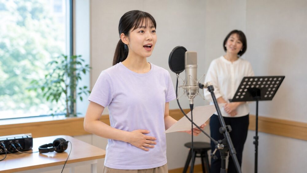 腹式呼吸を使って発声練習をする声優志望者の写真