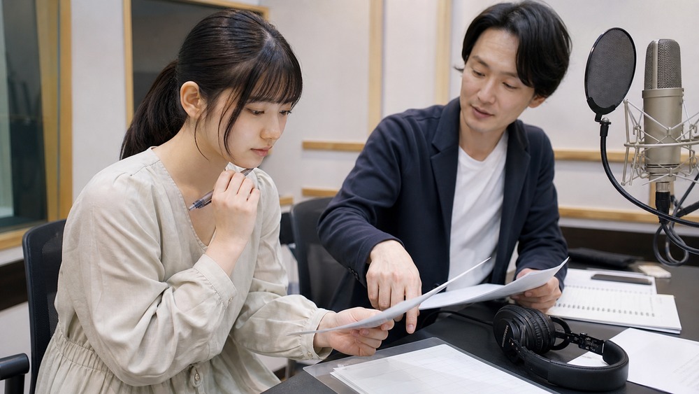 声優養成所オーディションの倍率と応募書類を講師と確認する声優志望者の写真