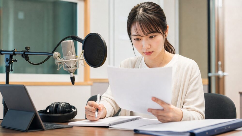 声優専門学校の入学金や実習費の内訳を資料で確認する声優志望者の写真