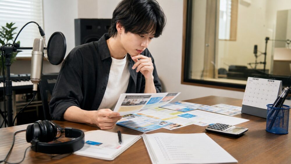 学費が安い声優専門学校を比較するために資料を整理する声優志望者の写真