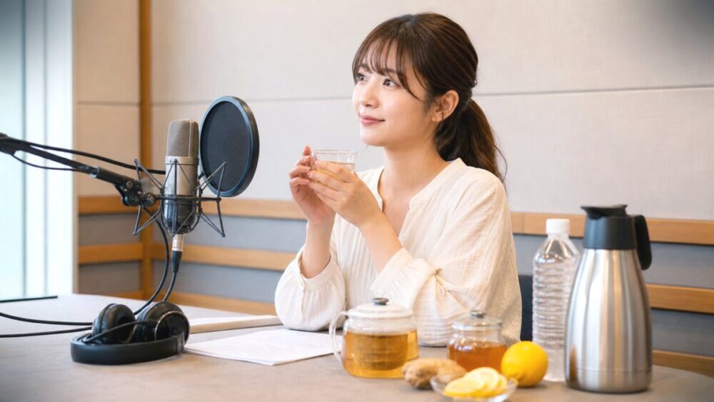 収録前に温かい飲み物を用意して喉を整える声優志望者の写真