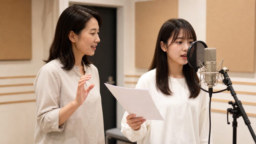 講師と一緒にマイク前でレッスンを受ける声優志望の女性