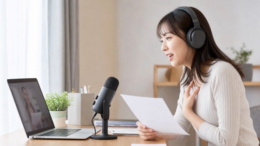 千葉の自宅からオンラインで声優レッスンを受ける女性