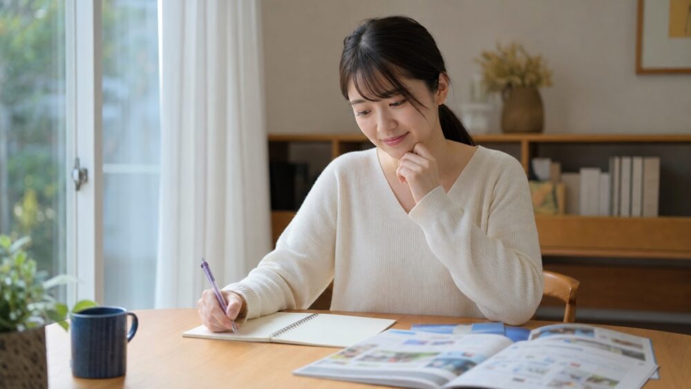 千葉の声優養成所のパンフレットを見ながらノートに選び方を整理する女性