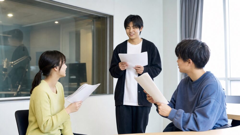 声優専門学校の実習室で台本を読み合わせる学生たち