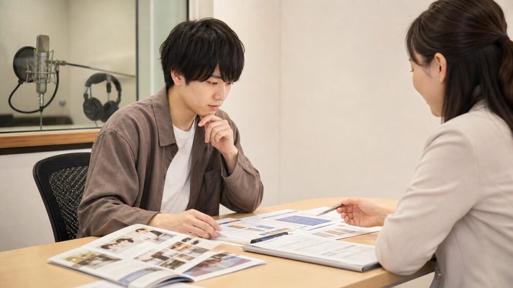 声優専門学校の学費や進路の不安を相談しながら資料を確認する声優志望者の写真