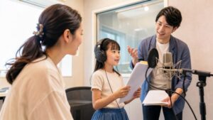 小学生が保護者と講師に見守られながら声優レッスンを体験する写真