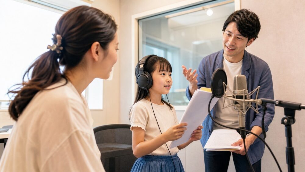 小学生が保護者と講師に見守られながら声優レッスンを体験する写真