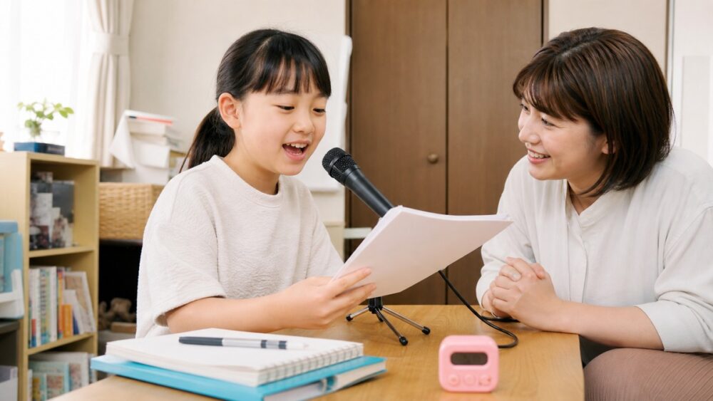小学生が自宅で保護者と声優の基礎練習をする写真