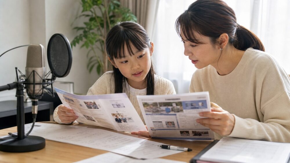 小学生と保護者が声優養成所の対象年齢や資料を確認する写真