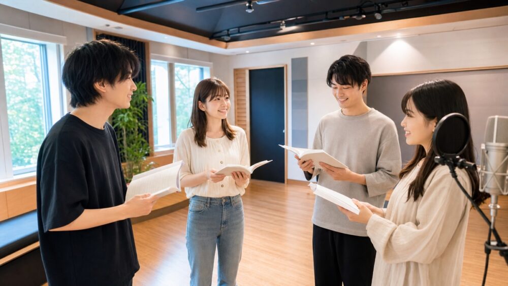 広島の声優養成所のレッスンスタジオで台本を読み合わせる受講生たち