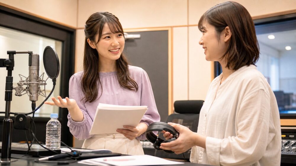 声優レッスン後にマイク前で講師や仲間と自然に交流する声優志望者の写真