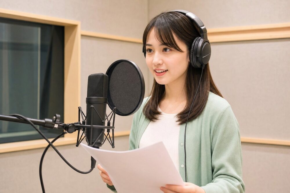 声優養成所のオーディションに向けてマイク前で台本を読むセリフ練習の写真