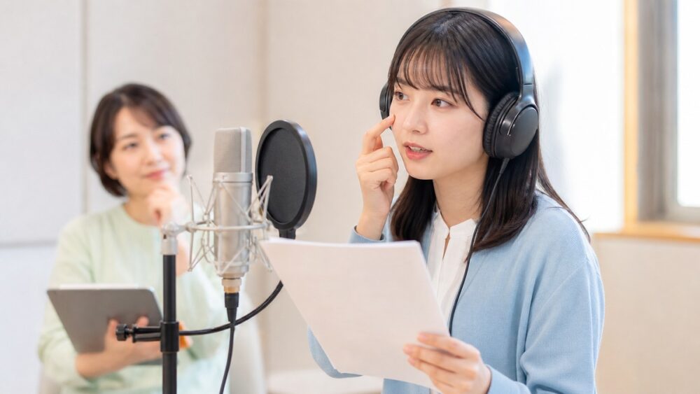 マイク前で鼻濁音の発音練習をする声優志望者の写真