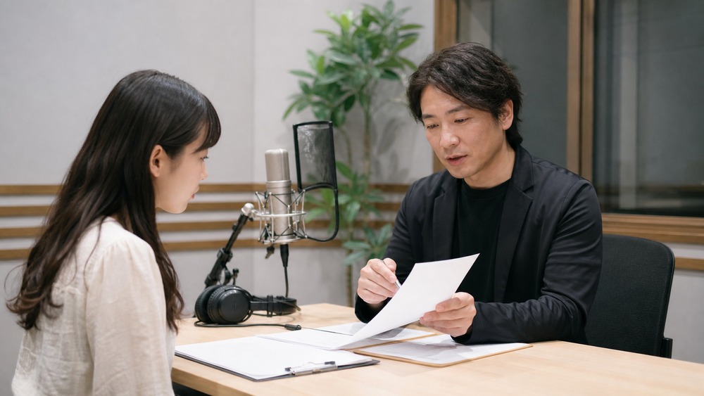 声優養成所の契約内容と信頼性を講師と確認する声優志望者の写真