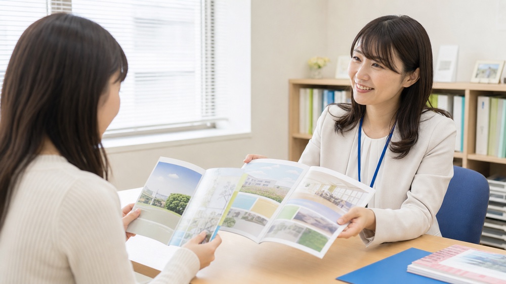 相談デスクで養成所と専門学校の資料を見比べる女性