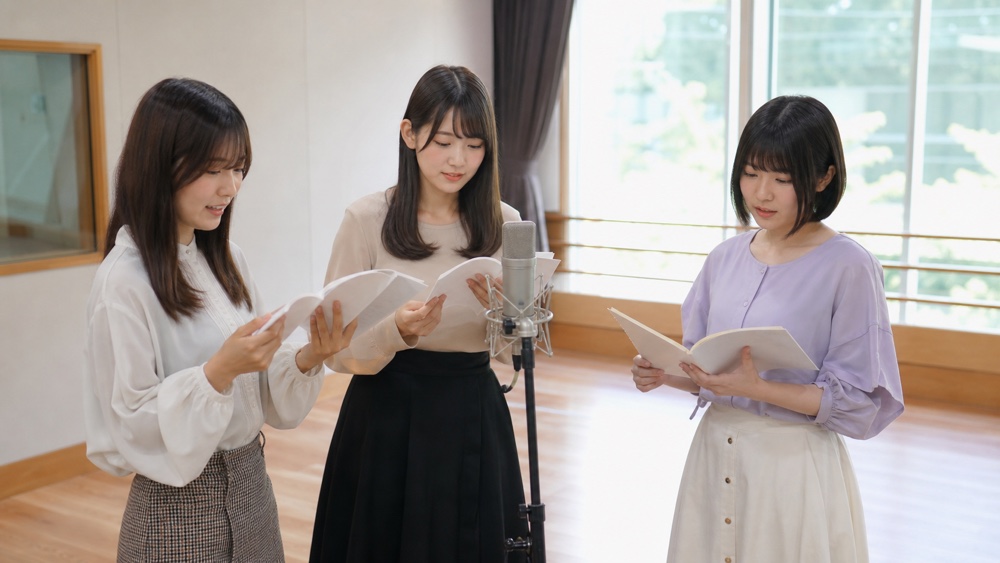 京都の声優養成所のスタジオで台本を読み合わせる受講生たち