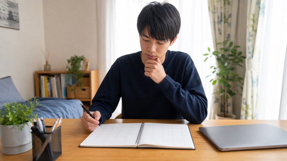 入学までのスケジュールを手帳で確認する学生