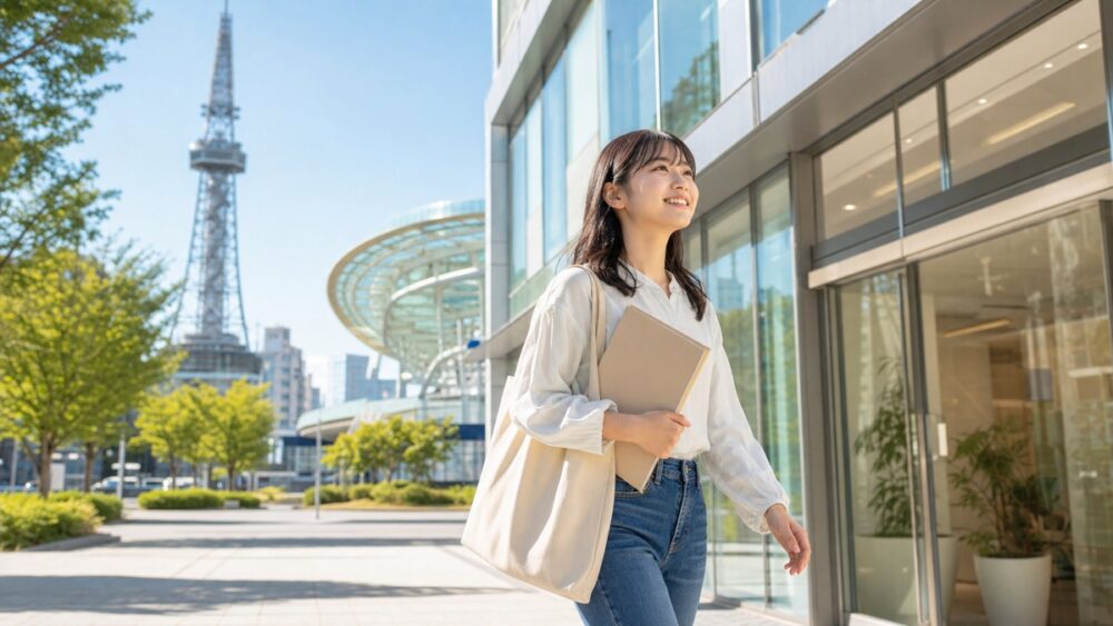 名古屋の声優専門学校へ向かう学生とテレビ塔の街並み