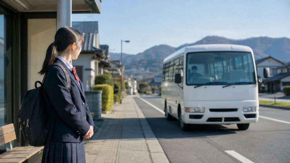 朝のバス停で送迎バスを待つ通学中の学生