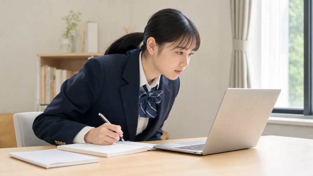 自宅の机でノートパソコンと1冊のパンフレットを見ながら新潟の声優専門学校を調べる学生
