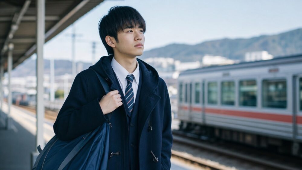 駅のホームで進路を考えながら遠くを見つめる学生
