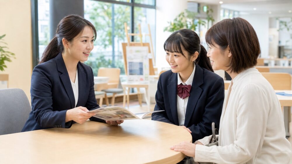 オープンキャンパスの相談デスクでスタッフが学生と保護者にパンフレットを説明する場面