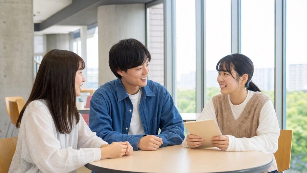 明るいラウンジで談笑する専門学校の学生たち