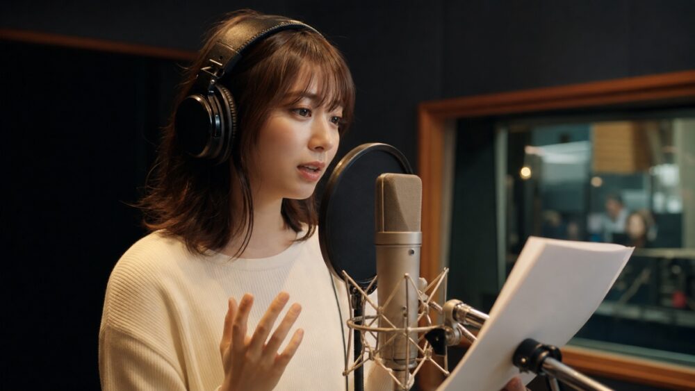 収録ブースでマイクに向かって演技するプロの声優