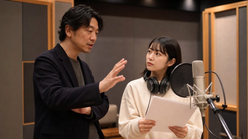 レコーディングスタジオで講師がマイク前の学生に演技指導をしているレッスン風景