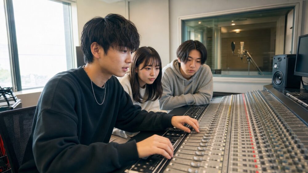 大阪の声優専門学校の実習室でミキシング機材を操作しながら学ぶ学生たち