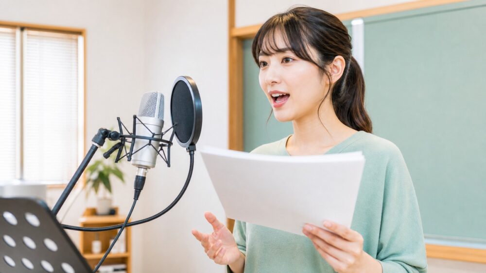 マイクの前で早口言葉と滑舌練習をする声優志望者