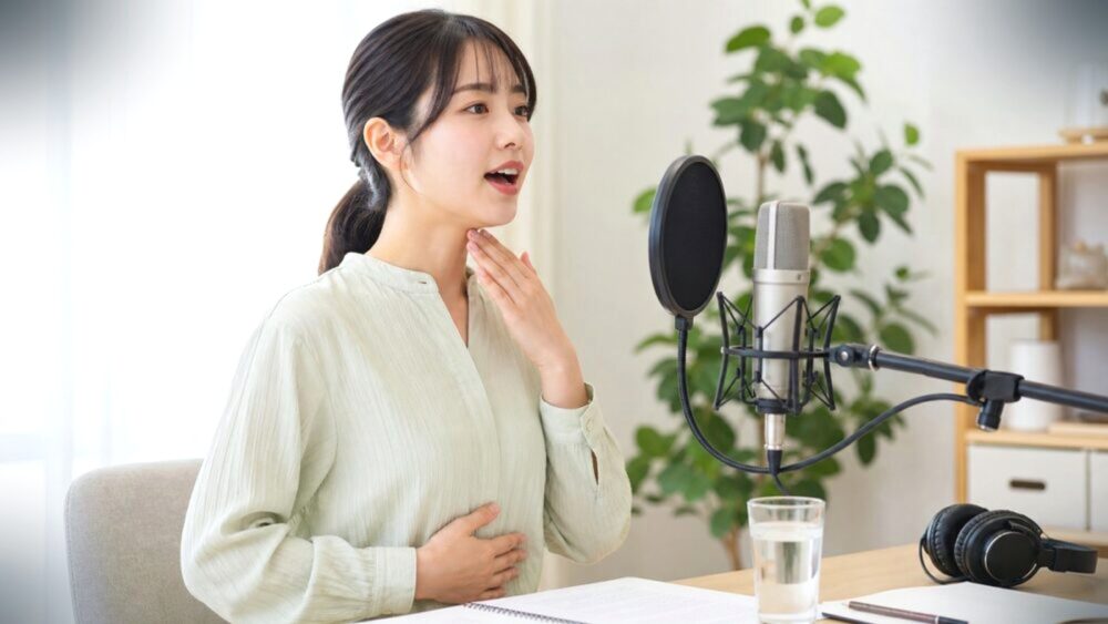 マイク前で口まわりを意識しながらリップロールの練習をする声優志望者