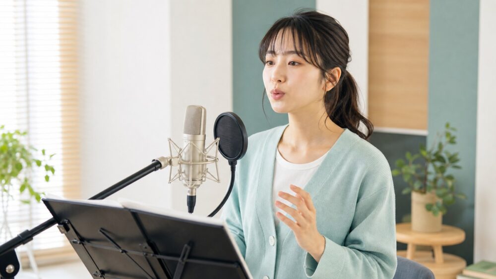 マイクの前でリップロールと高音発声の練習をする声優志望者