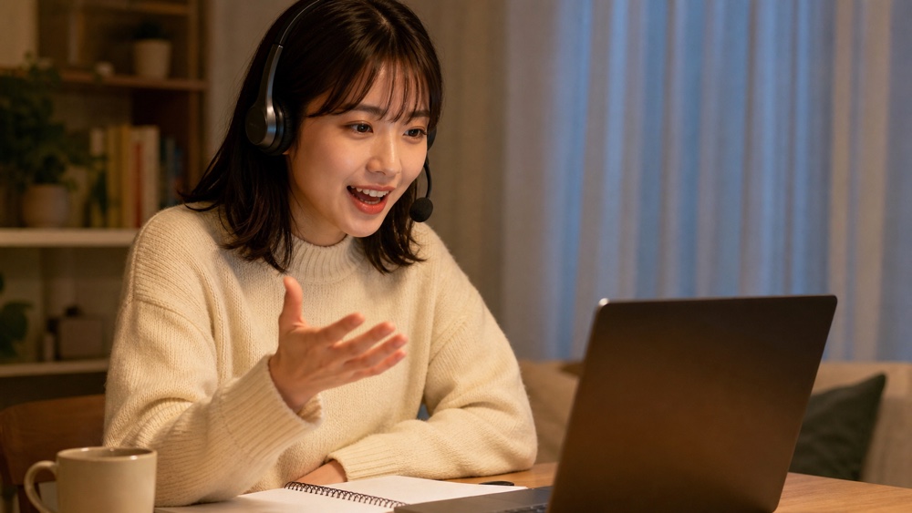 自宅からオンラインで声優レッスンを受講する女性