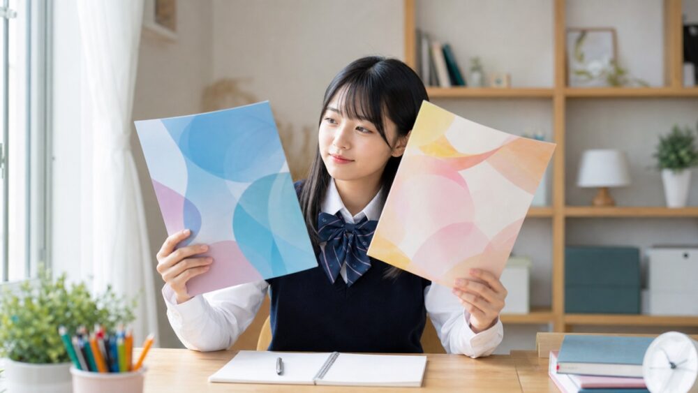 2校の学校案内パンフレットを見比べる学生