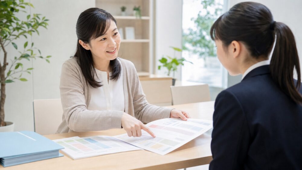 進路相談デスクで専門学校と養成所の違いの説明を受ける学生