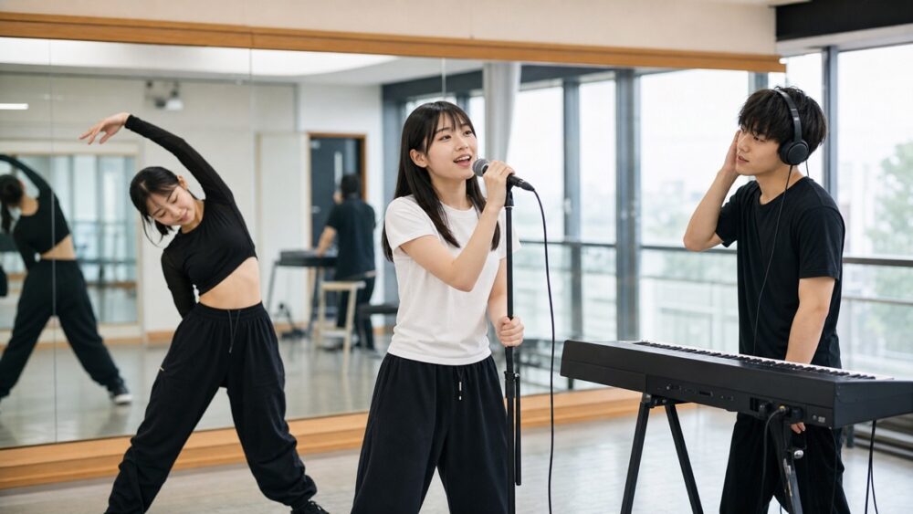 鏡張りのスタジオでボーカル・ダンス・音楽を練習する学生たち