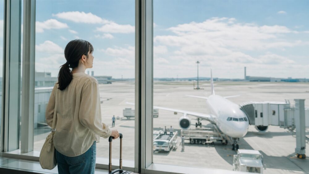 空港の窓から飛行機を眺めるスーツケースを持った女性