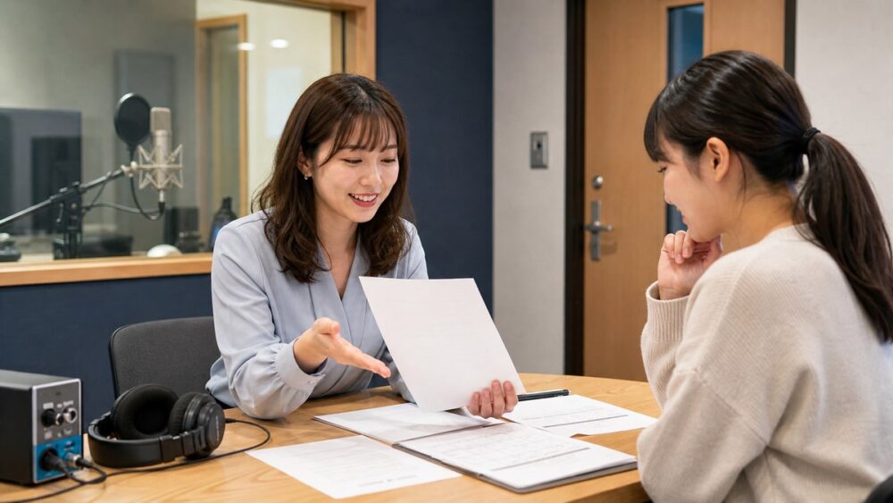 声優養成所の入所相談で資料を確認しているイメージ写真