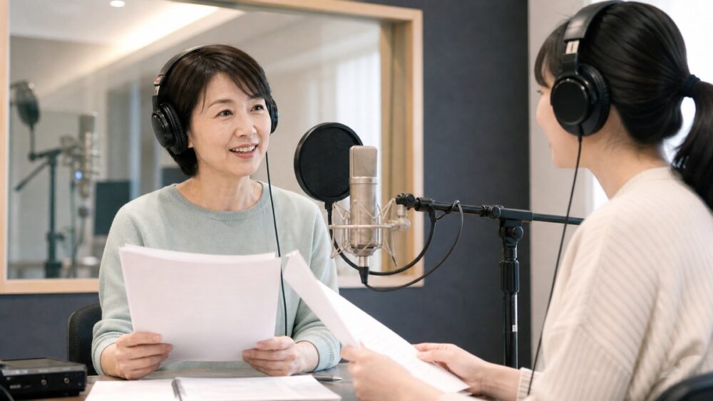 声のコンプレックスを相談しながら台本を確認している声優レッスンのイメージ写真
