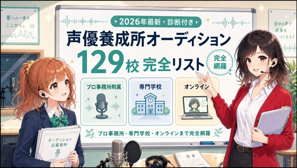 声優養成所オーディション129校完全リストのアイキャッチ。声優カナとミウが案内する2026年最新・診断付き一覧