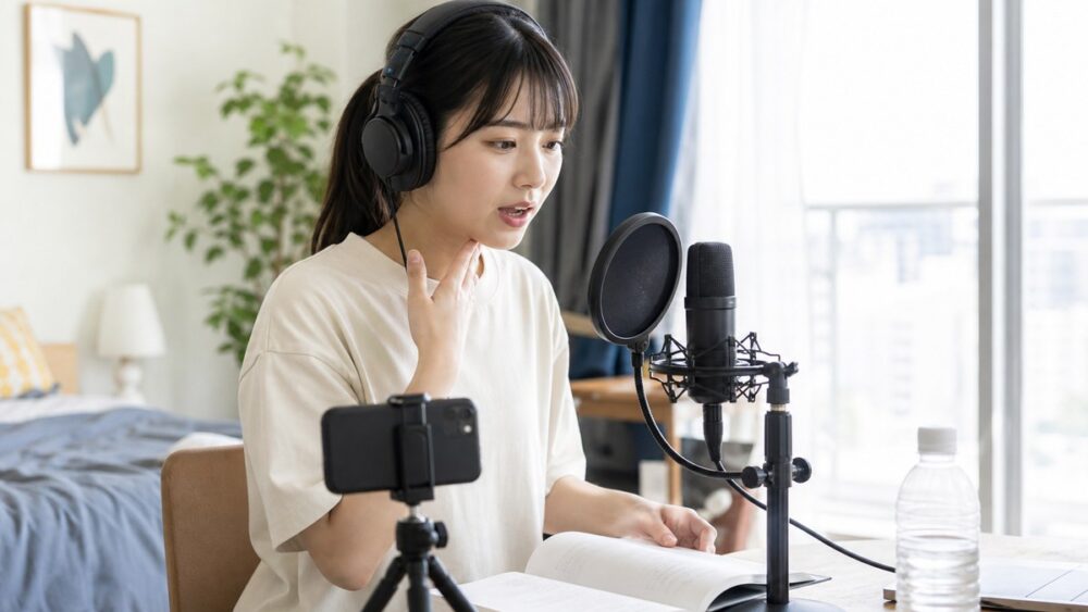 自宅で発声練習と録音をしながら声優の準備をするイメージ写真