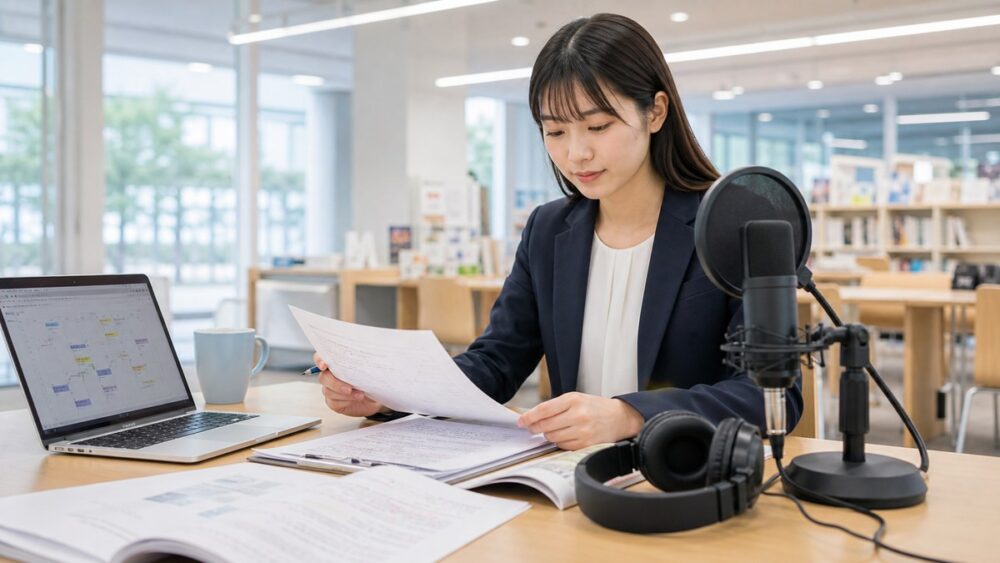 CMナレーションの仕事に向けて台本と資料を確認するイメージ写真