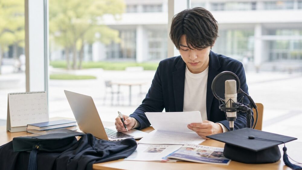 大学4年生が卒業後の声優ルートを逆算して準備するイメージ写真