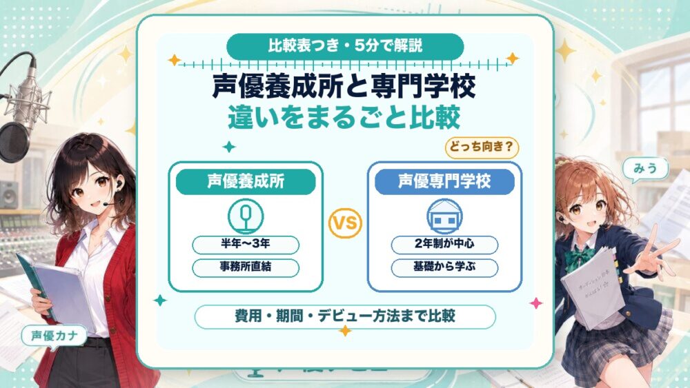 声優養成所と専門学校の違いを比較表で解説するアイキャッチ。声優カナとミウが費用・期間・デビュー方法を案内