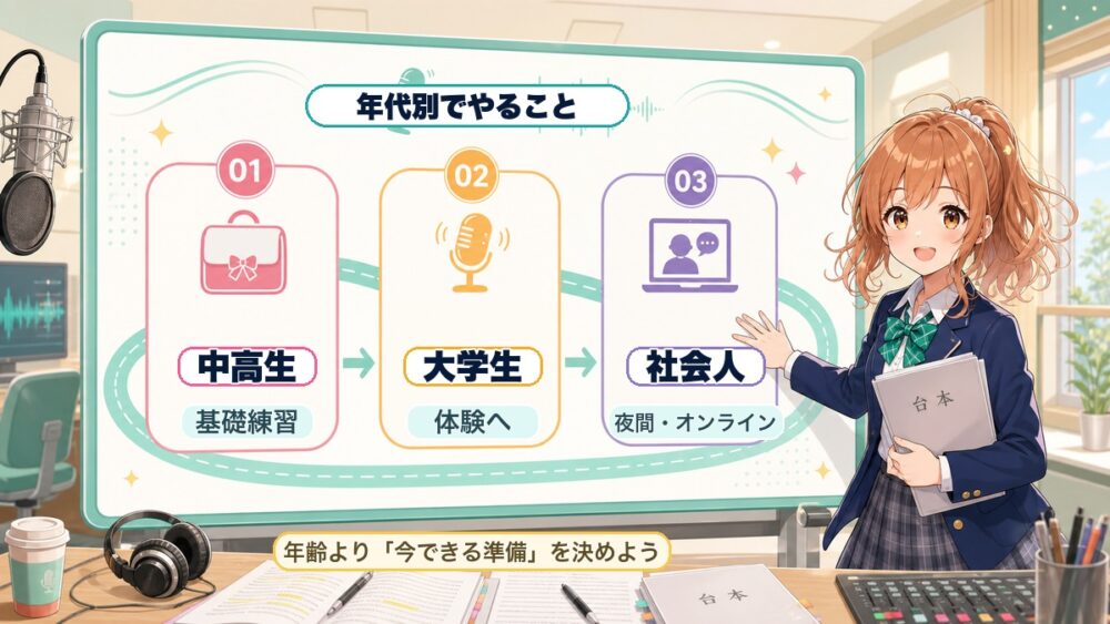 声優になりたい人が中高生・大学生・社会人の年代別に今すべきことを整理したキャラクター付き図解