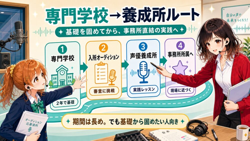専門学校から声優養成所へ進む併用ルートを4ステップで示した図解。専門学校、入所オーディション、声優養成所、事務所所属への流れ