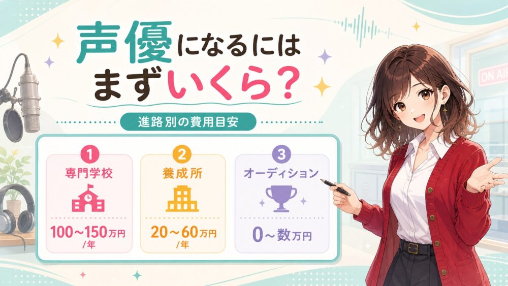 声優になるにはまずいくらかかるかを進路別に示した費用目安イラスト