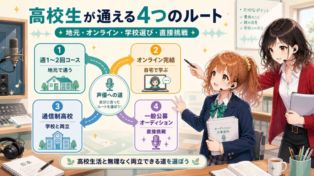 高校生が声優養成所に通う4つのルートを分岐マップで示した図解。週1〜2回コース、オンライン完結、通信制高校、一般公募オーディションの選択肢